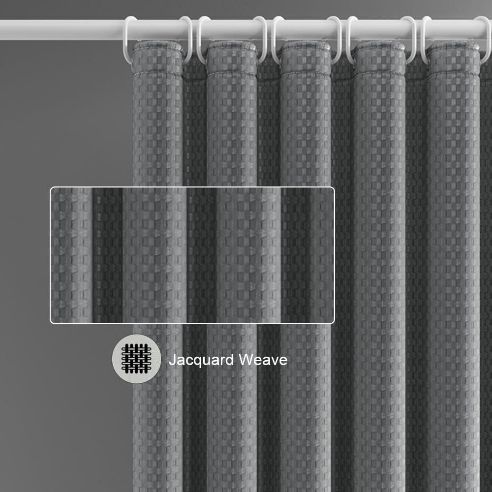 Cortina de ducha extra ancha impermeable de 200 x 180 cm, poliéster antimoho gris largo con textura de punto gofre, dobladillo lavable con peso para habitaciones húmedas