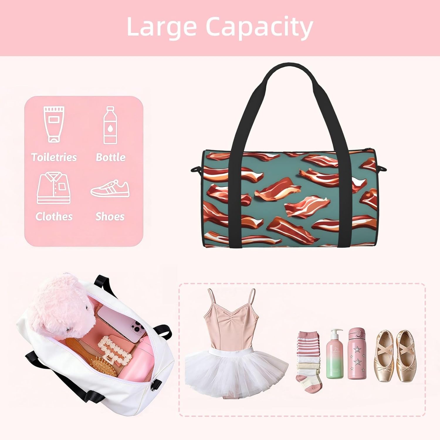 Streaky Bacon Pattern Print Sports Tote Bag Lightweight Water-Resistant Gym Backpack Travel Supplies