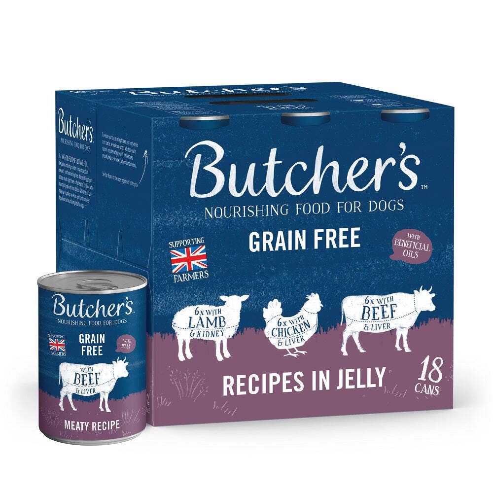 Butcher's Complete Wet Can Grain Free Hypoallergenic Adult Dog Food Recipes in Jelly Pack 18x400g - Chicken, Beef & Lamb