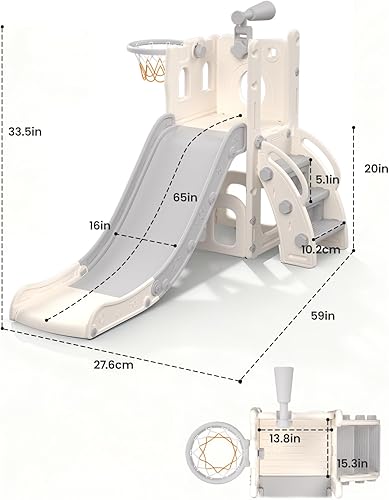 Miniatura 6 de Juego de tobogán para niños con aro de baloncesto y telescopio, tobogán y escalador para niños y niñas, juguete de patio de recreo, divertido juego