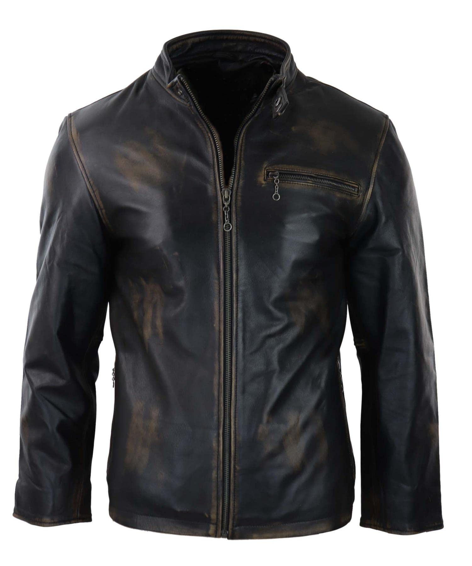 Infinity Leather Men's Black/Brown Leather Company Classic Nehru Leather Jacket Zipped Classic - 5XL