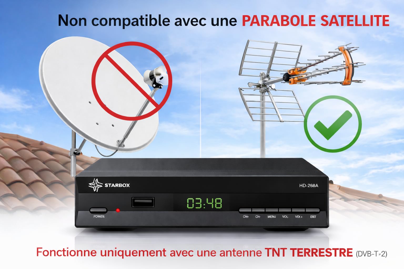 STARBOX HD-268A – Décodeur TNT DVB-T2 Full HD 1080p H.265 (HEVC), HDMI/USB/Péritel, Télécommande Universelle 2-en-1 – Antenne TNT Terrestre Uniquement (Non Compatible Satellite/Parabole)