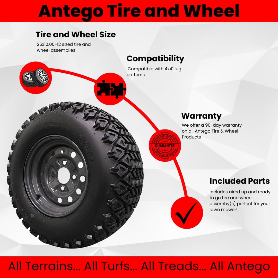 Antego Tire & Wheel 25x10.00-12 Tire with 4 Hole Wheel Assembly for Kubota RTV’s 900, 1100, 1140 UTV’s - 6 Ply ATW-045 with Non-Directional Tread (Set of 2)