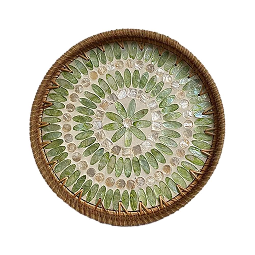 11.8" Green Forest Wicker Round Rattan Serving Tray, Large Boho Woven Decorative Tray for Coffee Table, Outdoor & Kitchen Display (Multiple Patterns Available)