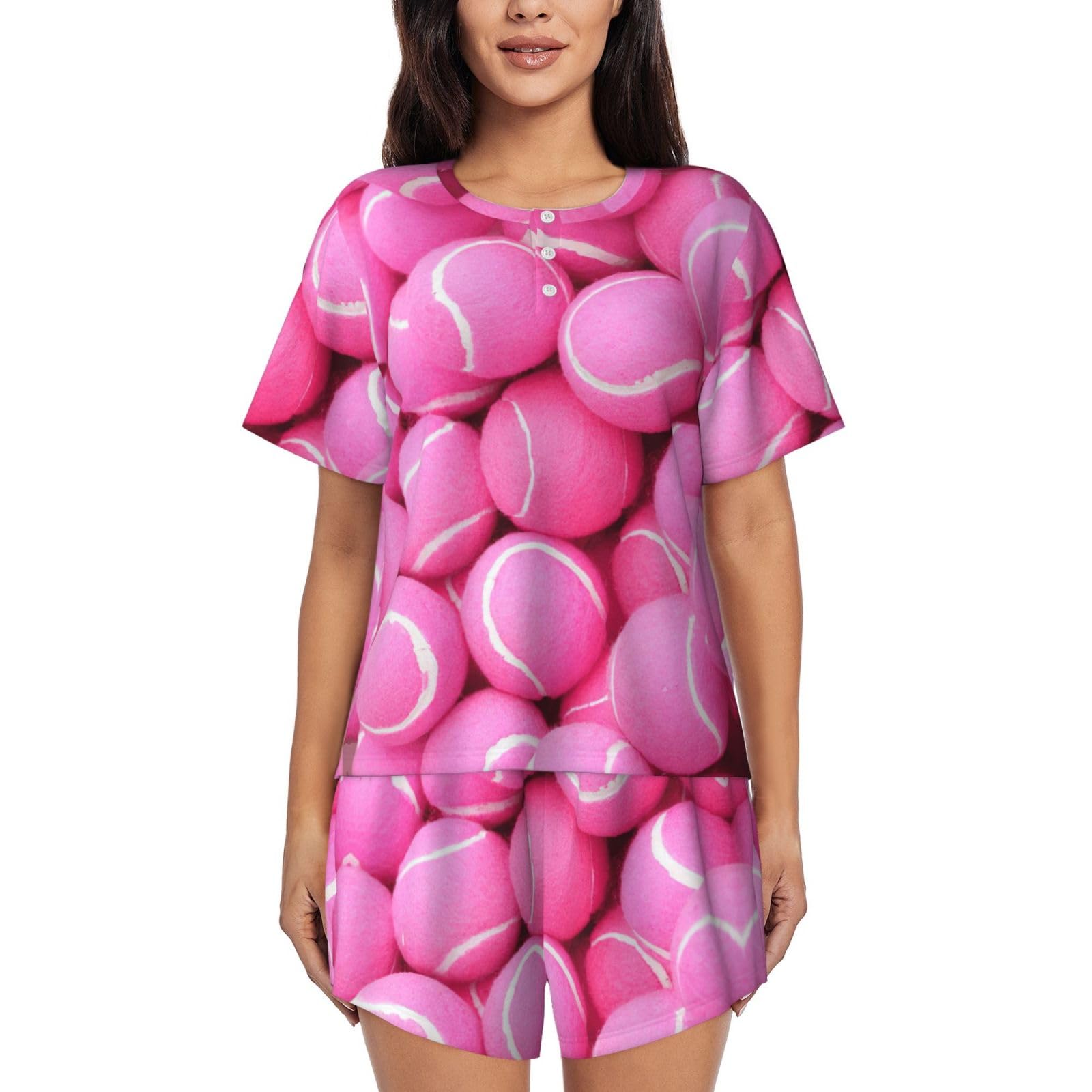 Yagdaa Women's Black Bright Pink Tennis Balls Print 2-Piece Pajamas For Short Sleeve Pjs Set Summer Sleepwear Soft Loungewear Nightwear