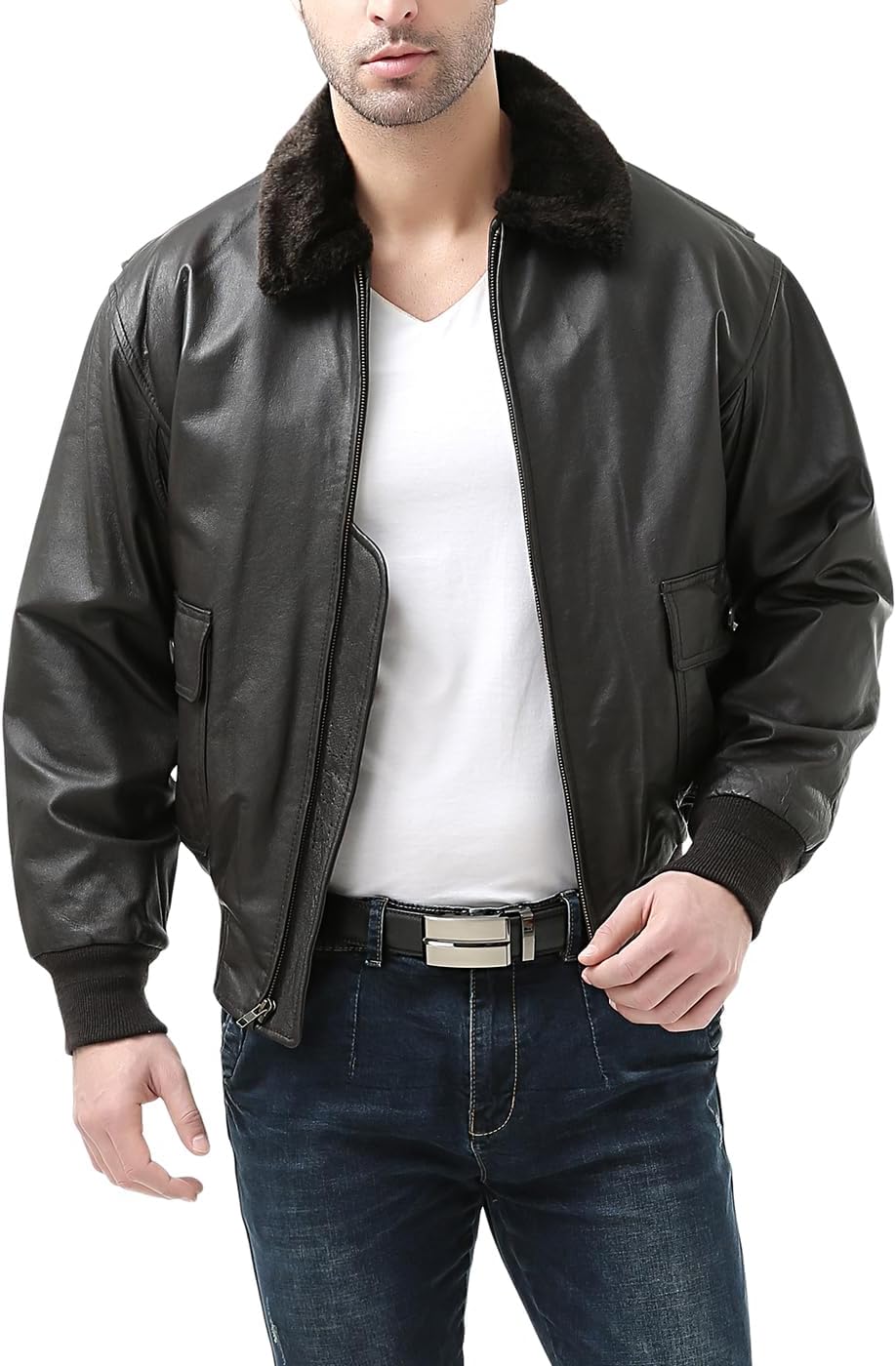 Landing Leathers Men Navy G-1 Distressed Leather Flight Bomber Jacket (Also available in Big & Tall) - Image 3