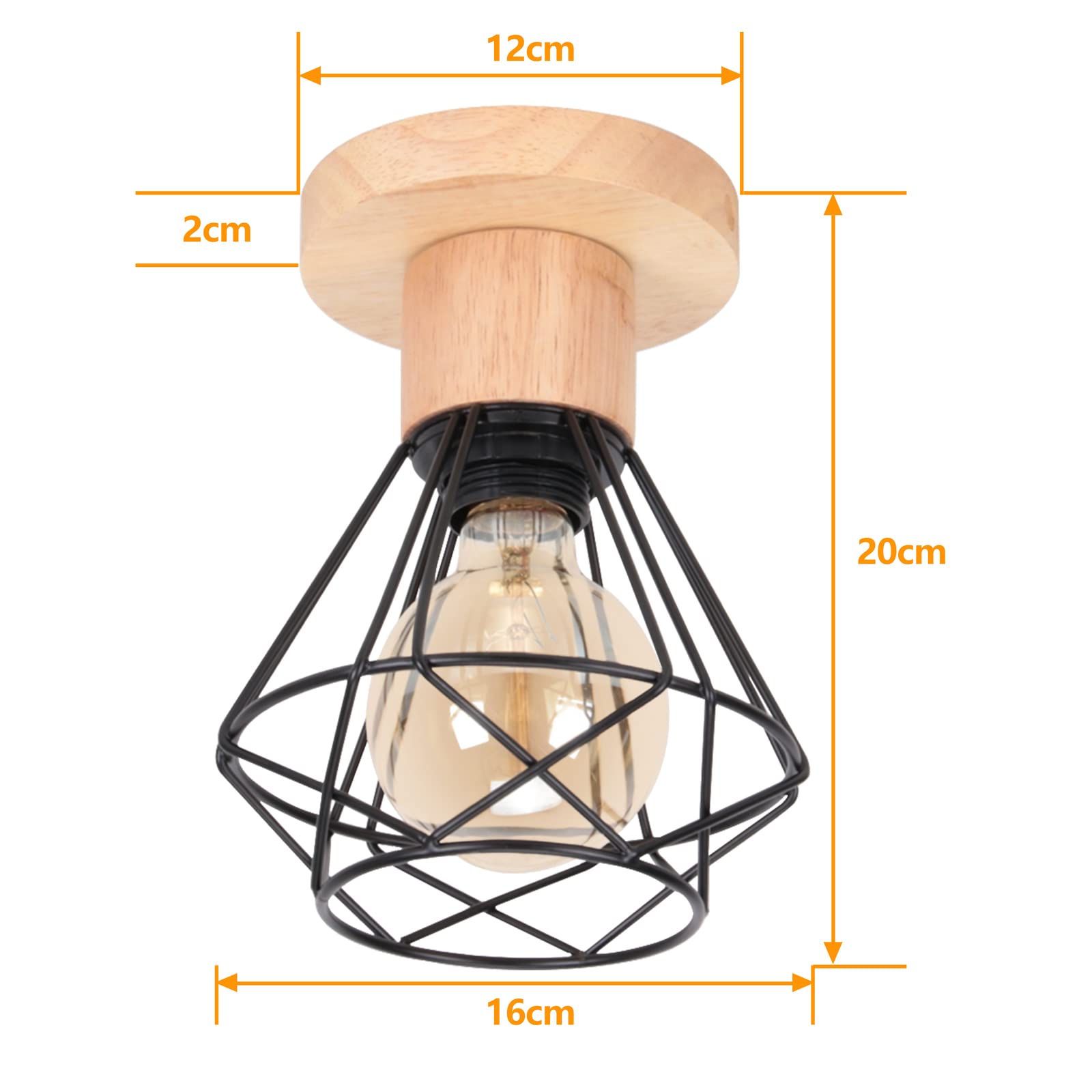 iDEGU Zestaw 2 lamp sufitowych przemysłowych, 16 cm Vintage E27 Retro żyrandol wisząca z żelaza i drewna Klatka Design Czarna lampa sufitowa do wejścia do przedpokoju sypialni kuchni