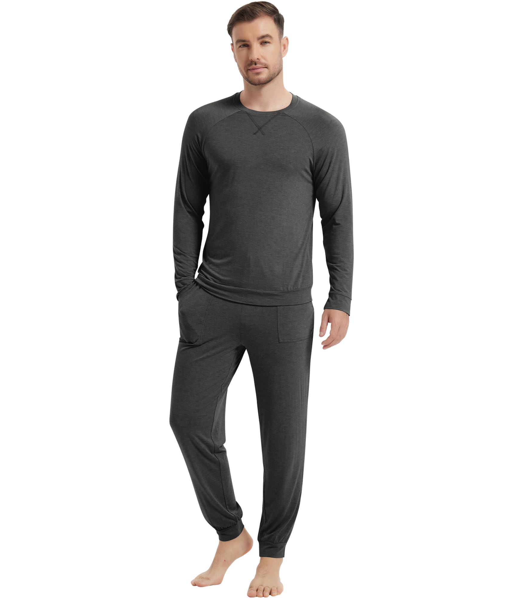 NACHILA Men's Pajamas-Viscose Made from Bamboo, Long Sleeve Sleepwear Top Soft Pants Pj Set with Pockets Stretchy Pajama Sets