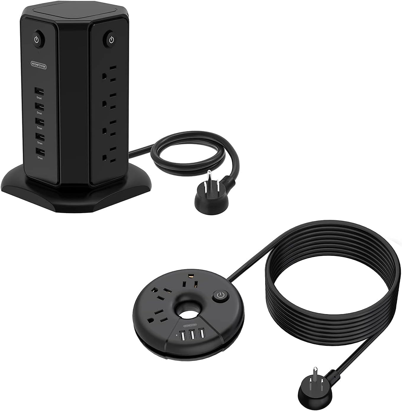 NTONPOWER Flat Plug Power Strip Bundle, Long Cord Power