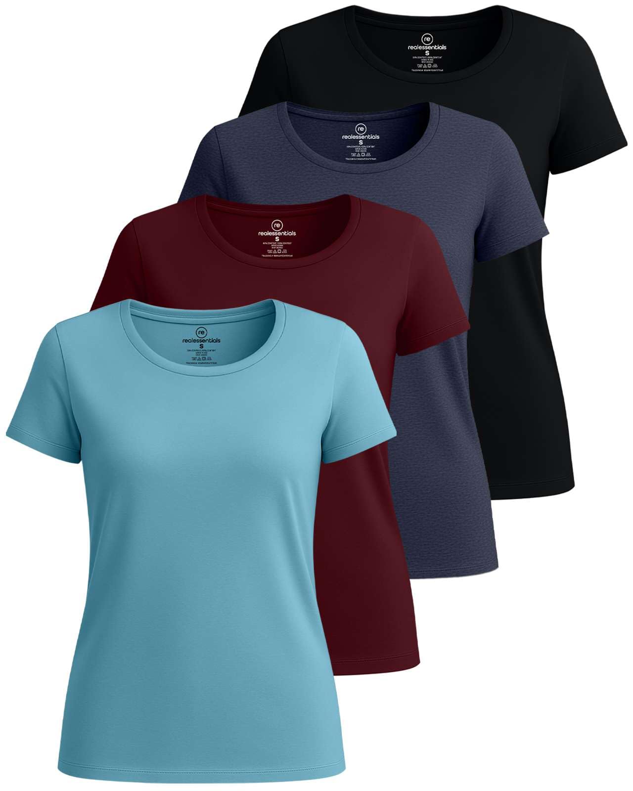 Real Essentials 4 Pack: Women's Cotton Short Sleeve T-Shirt - Casual Scoop Crew Neck Tops Tee (Available in Plus Size)