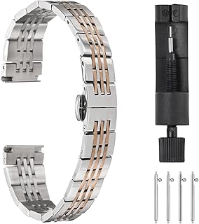 14mm Correas de Reloj de Acero Inoxidable con Cierre de Mariposa de Doble Presión, Reloj Correa Metal Acero Sólido Cadena Repuesto con Extremos Curvados, Color Plata Rosa
