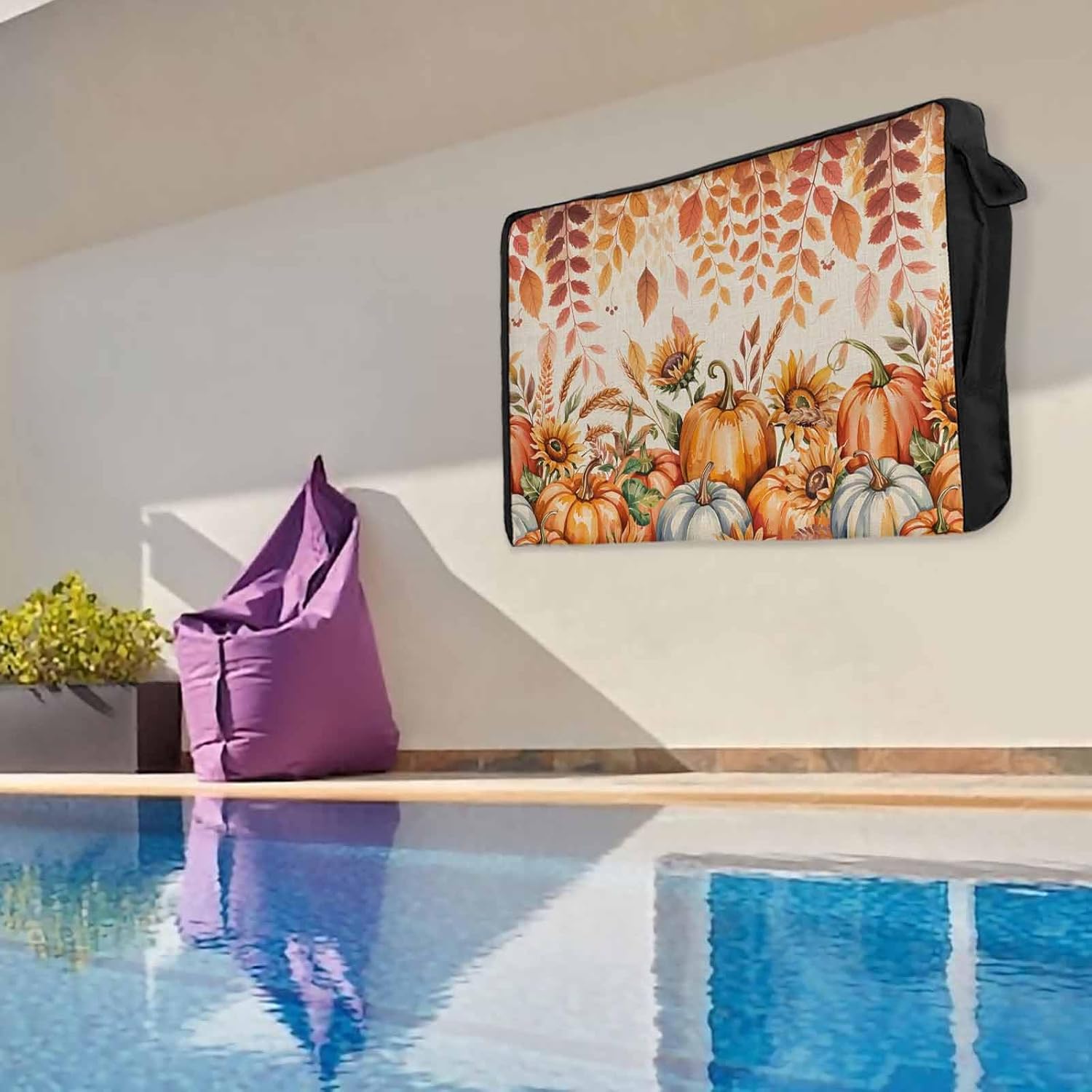 Pumpkin Outdoor TV Cover Thanksgiving Decoration Fall Leaf Linen Waterproof and Weatherproof 40"-43" LCD Movable Shield TV Display Screen Protector Outside Television Covers 40"Wx25"H