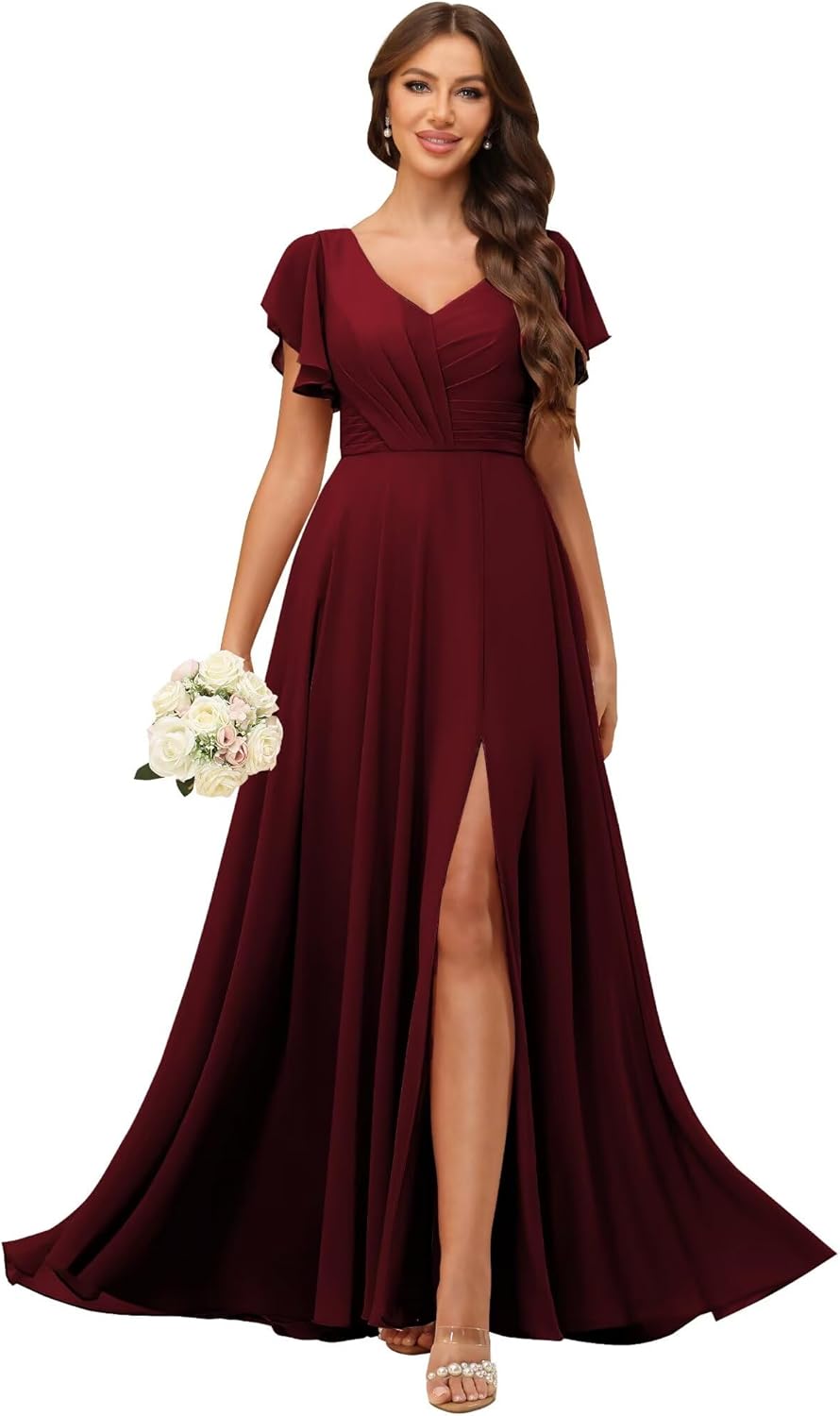 FreeBeauty Flutter Sleeves Chiffon Bridesmaid Dresses for Women Long A Line Formal Dresses with Slit ZHBM2507219