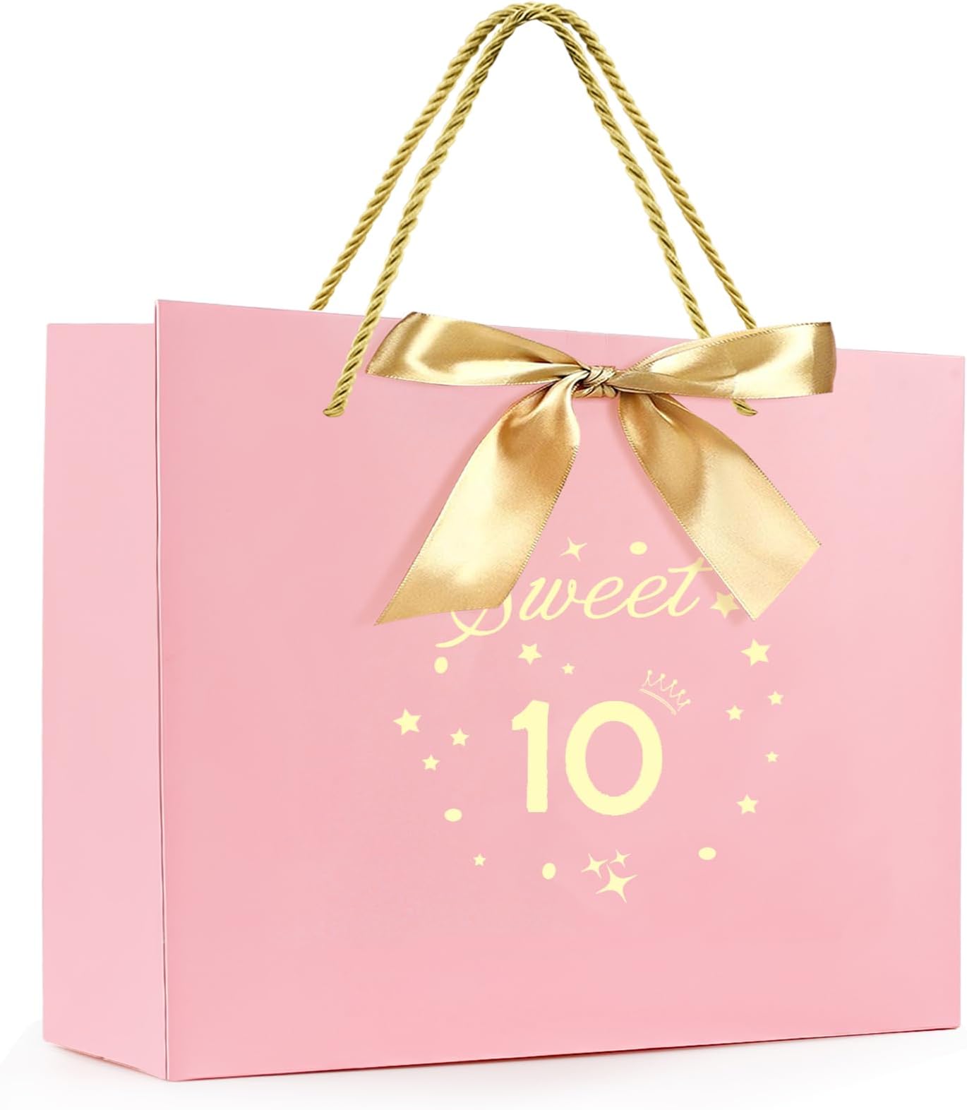 LMDLDNYT Gift Bag, Sweet 10 Paper Gift Bags, with Handles and Ribbon for 10 Year Old Gilrs Gift Wrapping, Kids Happy Birthday Gift Bag, Pink and Gold Party Decorations Supplies