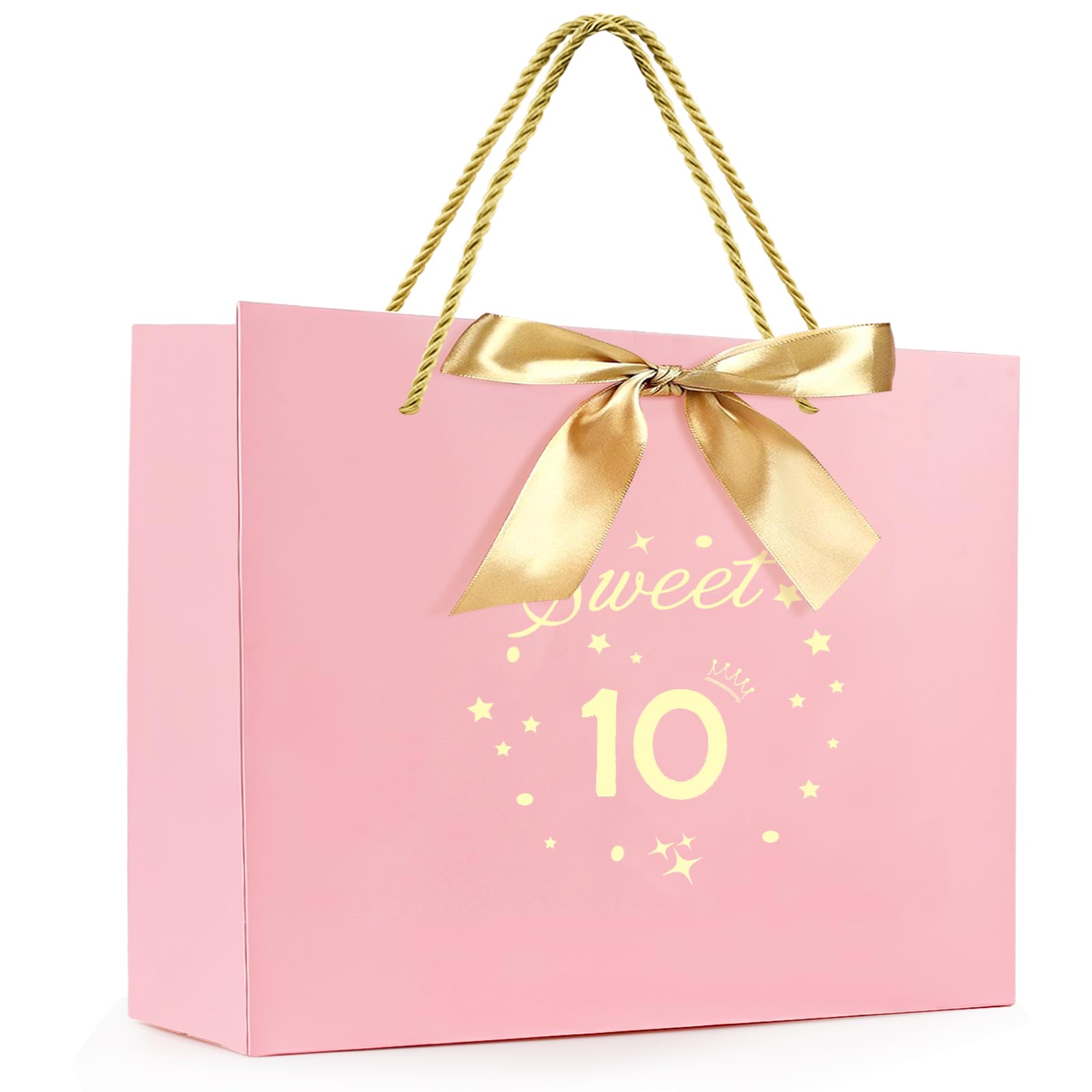 Hongplus Pink Sweet 10th Birthday Gifts Bag with Greeting Handles and Ribbon for Girls 10 Year Old Birthday Gifts Wrapping Bag for Party Favors Goodie Wrapping Bag Decorations Supplies