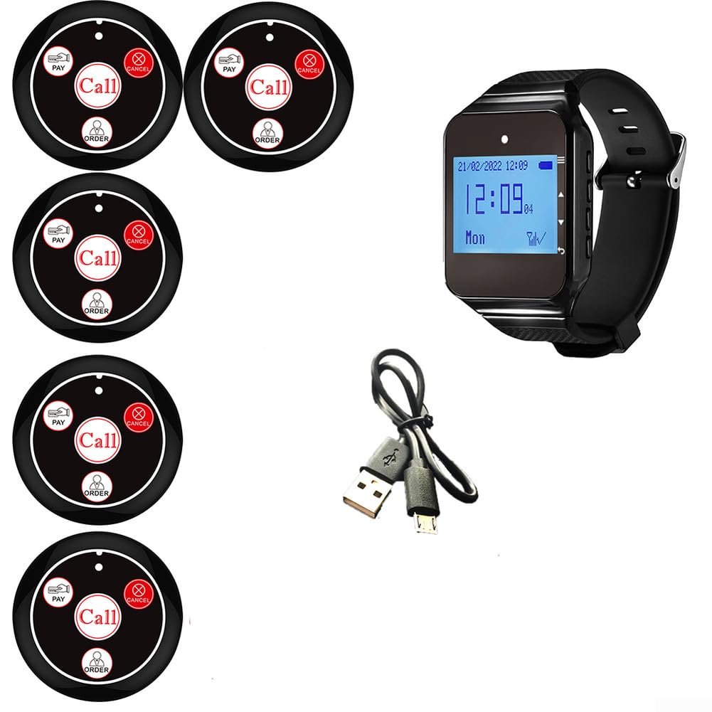 Sistema de localización inalámbrica, 1 a 5 Reloj de pulsera Llamador Receptor móvil impermeable para té Restaurante Cafe Reloj Buscapersonas Sistema de llamada (negro)