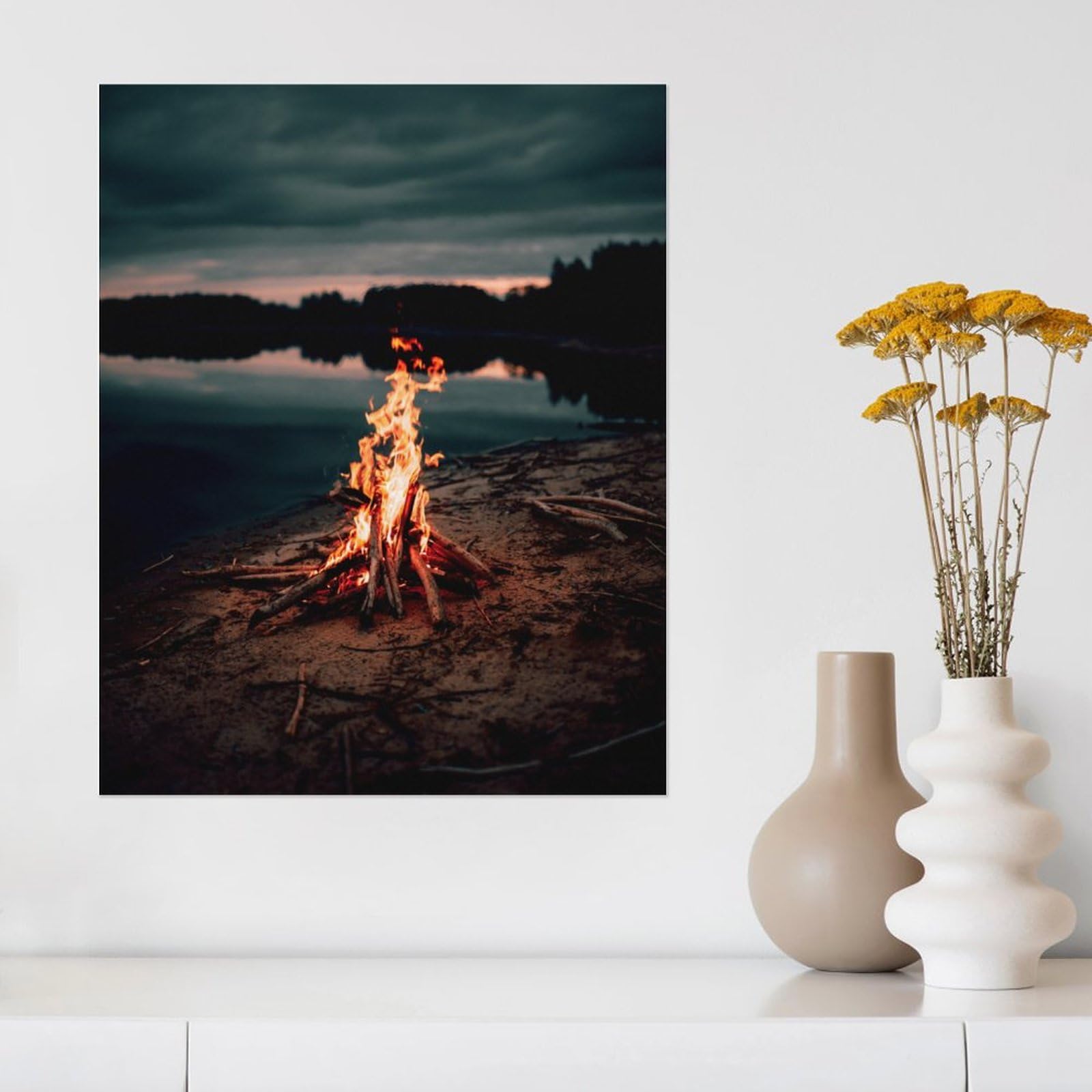 Amazon.co.jp: 絵画 夜の湖畔でキャンプファイヤーインテリア 絵画