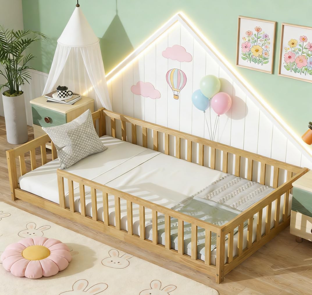 Bellemave Twin Size Montessori Floor Bed with Rails, Pine,Rubber Wood Floor Bed with slats, Natural