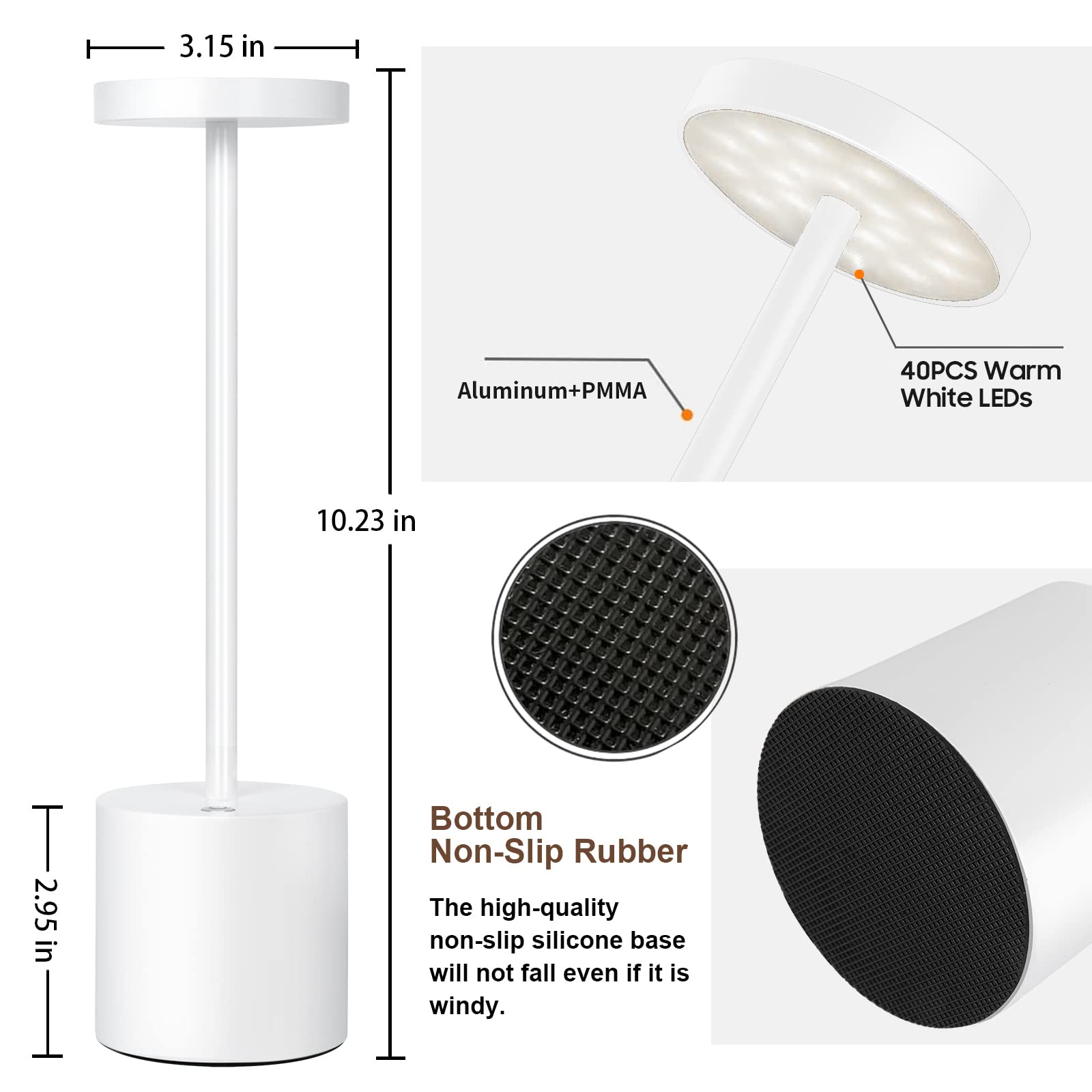 HYMZP Lampada da Tavolo Senza Fili，5000mAh Ricaricabile LED Lampada da Tavolo,Dimmerabile, Luce per Ristorante/Interno/Esterno-Bianco