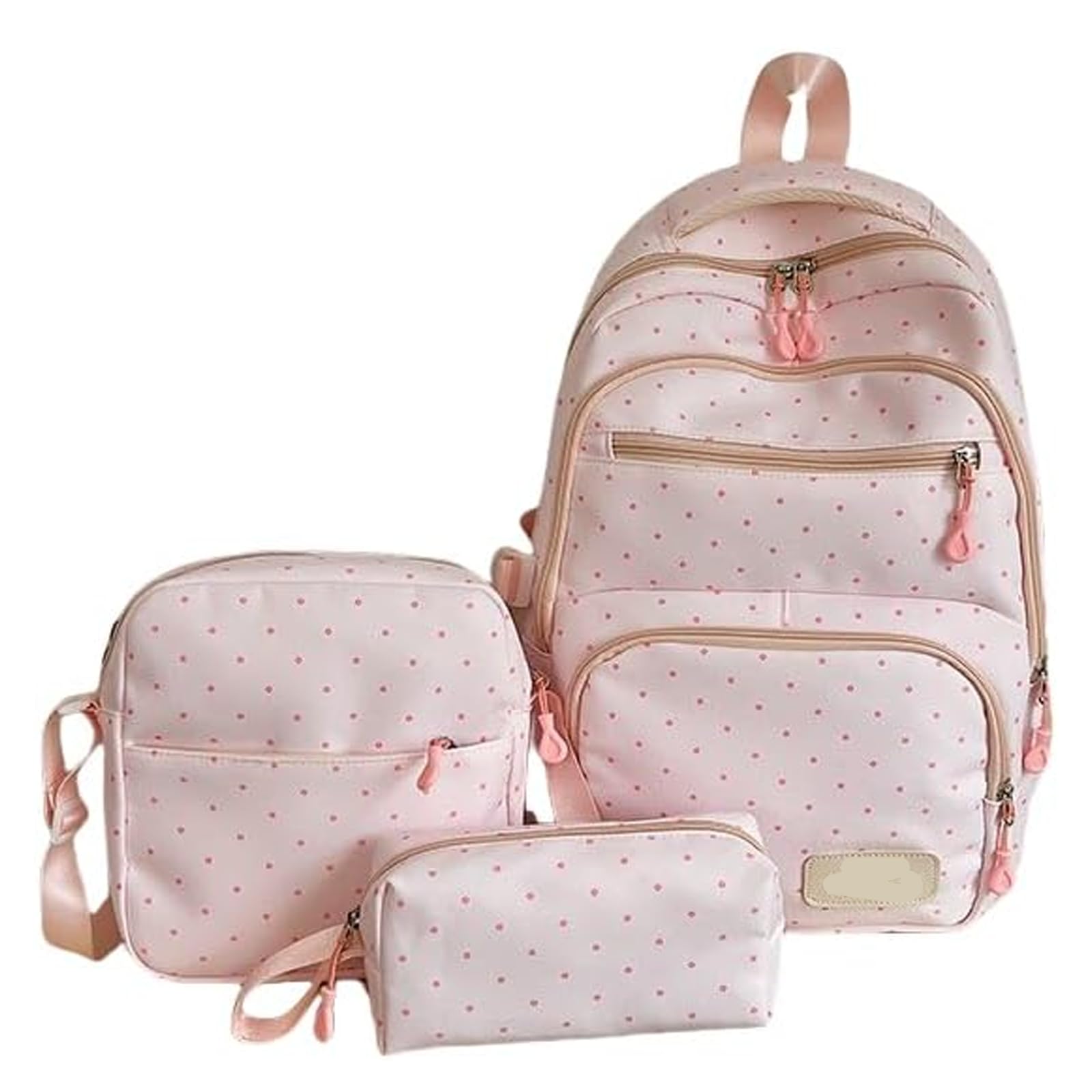 Mochila De Mujer De 3 Piezas con Estampado De Lunares, Espaciosa Y Estética, Ideal para La Escuela, Elegante Y Versátil para El Campus Y Los Desplazamientos Diarios. Pink
