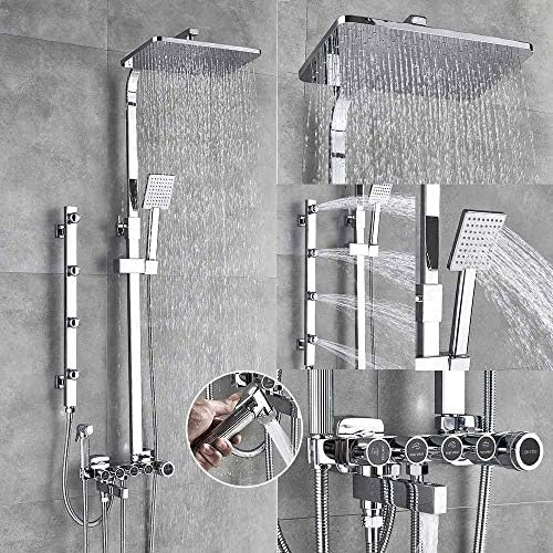 Set di rubinetti per doccia con interruttore a 5 funzioni, montaggio a parete, soffione doccia a pioggia con doccetta per vasca da bagno, rubinetto per bidet, miscelatore per bidet, argento