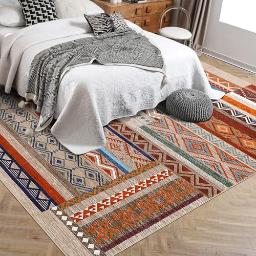 GarveeHome Vintage Living Room Rug 8x10 Beige Area Rugs Machine Washable Geometric Patchwork Carpet, Non-Slip Non-Shedding Foldable Tribal Floor Cover for Bedroom, Classroom, Dining Room, Kid Playroom
