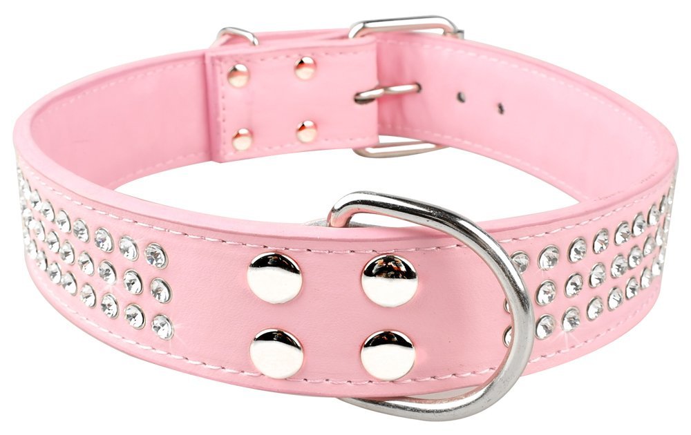 Beirui Rhinestones Dog Collar - 1.5" Width Leather Made with Sparkly Crystal Diamonds Studded - Shining Pet Apprearance for Medium & Large Dog Walking 14-17"(20") Pink CL027PI1518