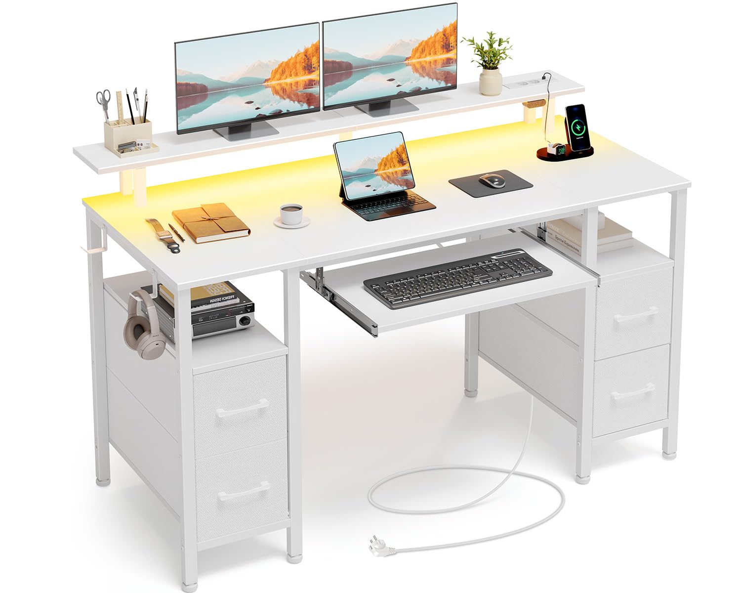 Seventable Bureau Gaming 120 cm avec Intégrée, LED RGB, Bureau avec Rangement et 4 Tiroirs en Tissu, Plateau Clavier Ergonomique et Support Écran, Blanc