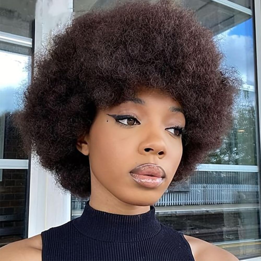 JOEDIR HAIR Afro Wigs for Black Women Human Hair Dark Brown Short Afro Kinky Curly Wig 8 Inch Large Afro Wigs (Color: 4#)