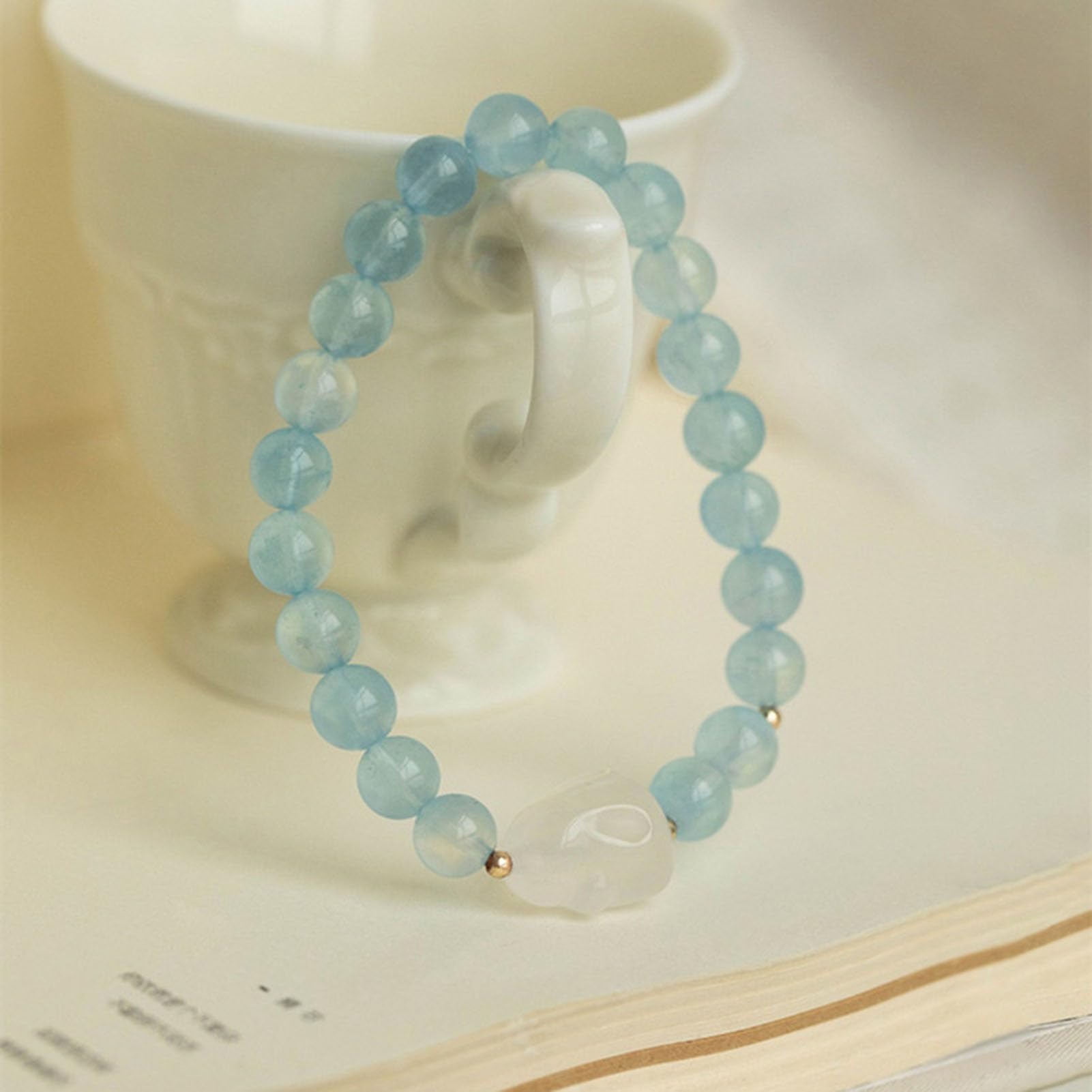 Bracciale in Pietra Acquamarina, Morbidi Cristalli Blu Braccialetti Elasticizzati in Vera Pietra Bracciale con Perline di Cristallo Azzurro per Pace e chiarezza, Gioielli Elastici,6MM