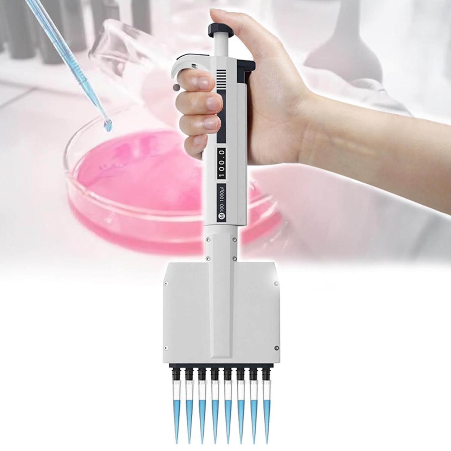 Pipeta multicanal de laboratorio con pantalla digital y rotación de 360° para un muestreo preciso en investigación científica