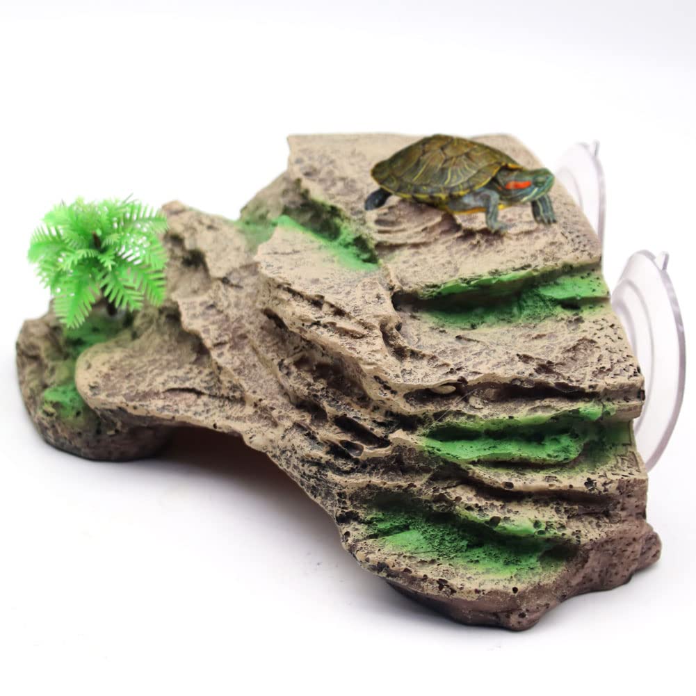 hisunfarm Turtle Basking Platform Terrace with Suction Cups, Reptile Resin Climbing Step Aquarium Décor, Fish Tank Decoration Decorative Rocks with Plastic Plant (Rock Yellow)