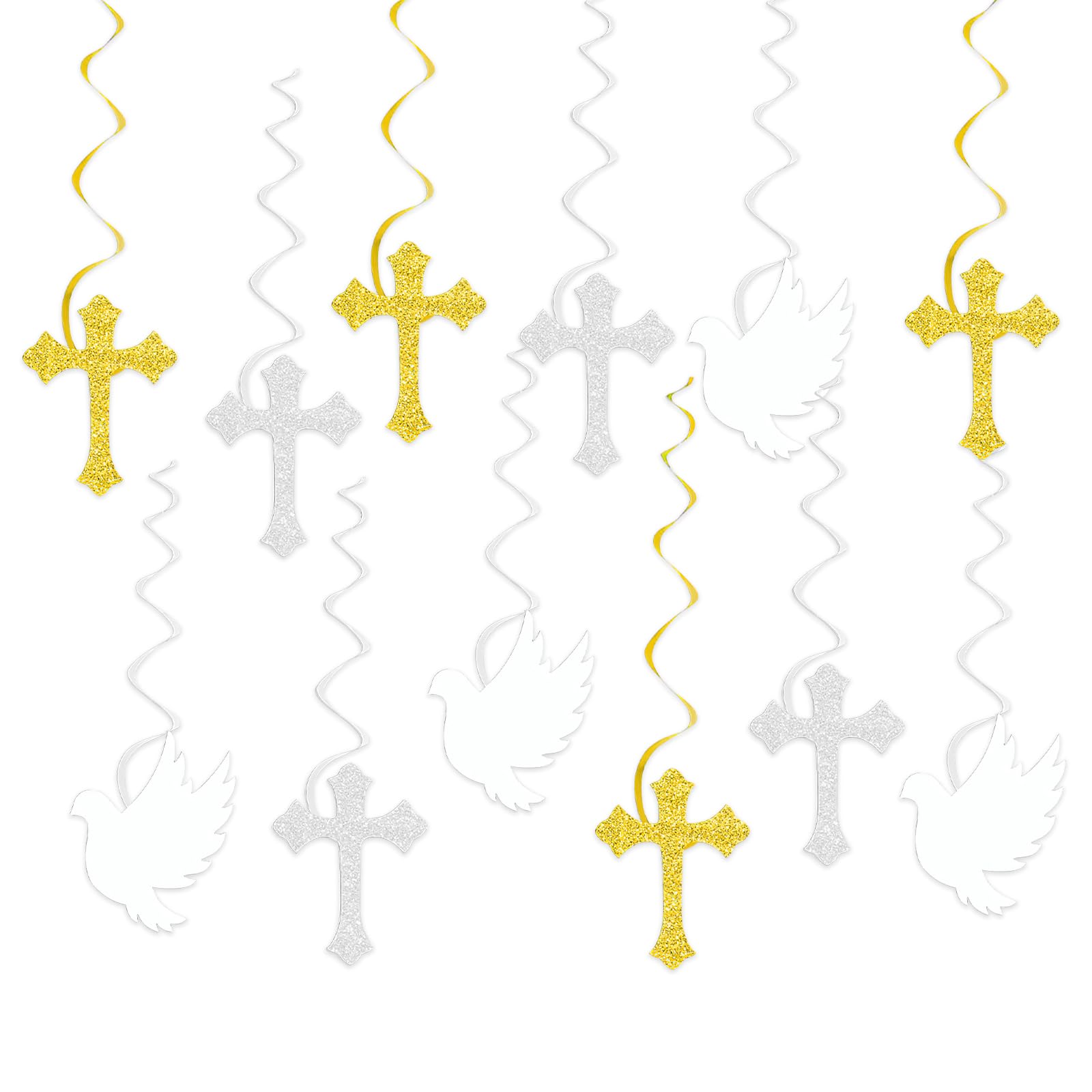 12 Pcs First Communion Decorations, First Communion Hanging Swirls God Bless Baptism Decorations, Cross Hanging Streamers Party Ceiling Swirls Spiral, Party ‌Background Baptism Ornament