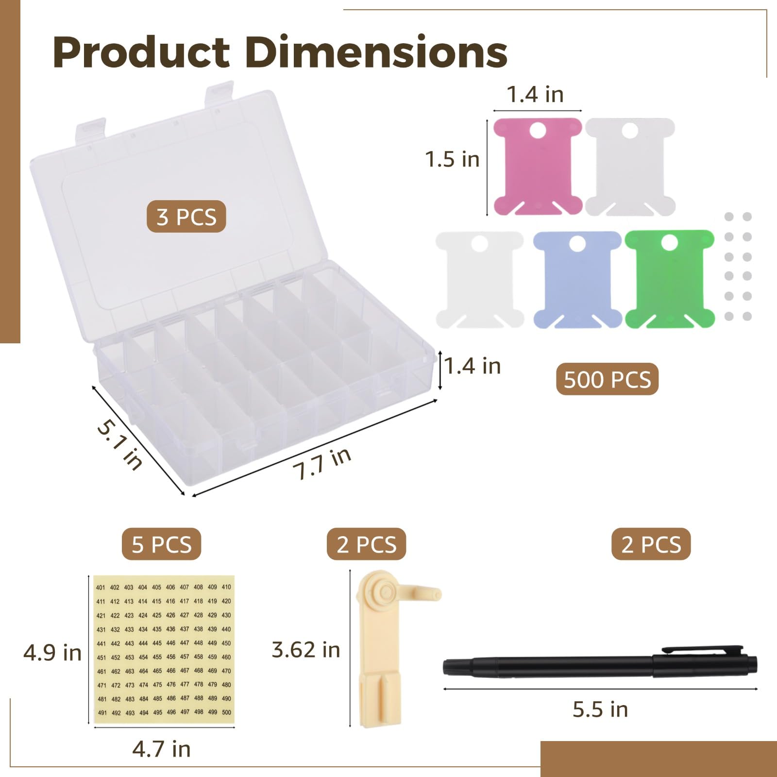 Stickgarn Organizer Set, 3 Stk. 24-Fächer abnehmbare Klarsichtboxen, 500 Garnkarten, 1-500 Zahlaufkleber, 2 Handwickler und 2 Marker für Kreuzstich, DIY Nähen, Bastelprojekte
