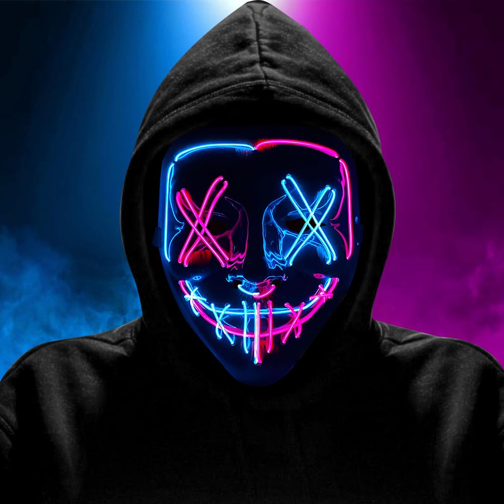 HATFRYF Halloween Masks LED Mask in Multiple Light Modes, Light up Scary Mask, Glowing Horror Smile Masks, Costumes for Men Adults, Anonymous Neon Halloween Gifts - ice blue pink