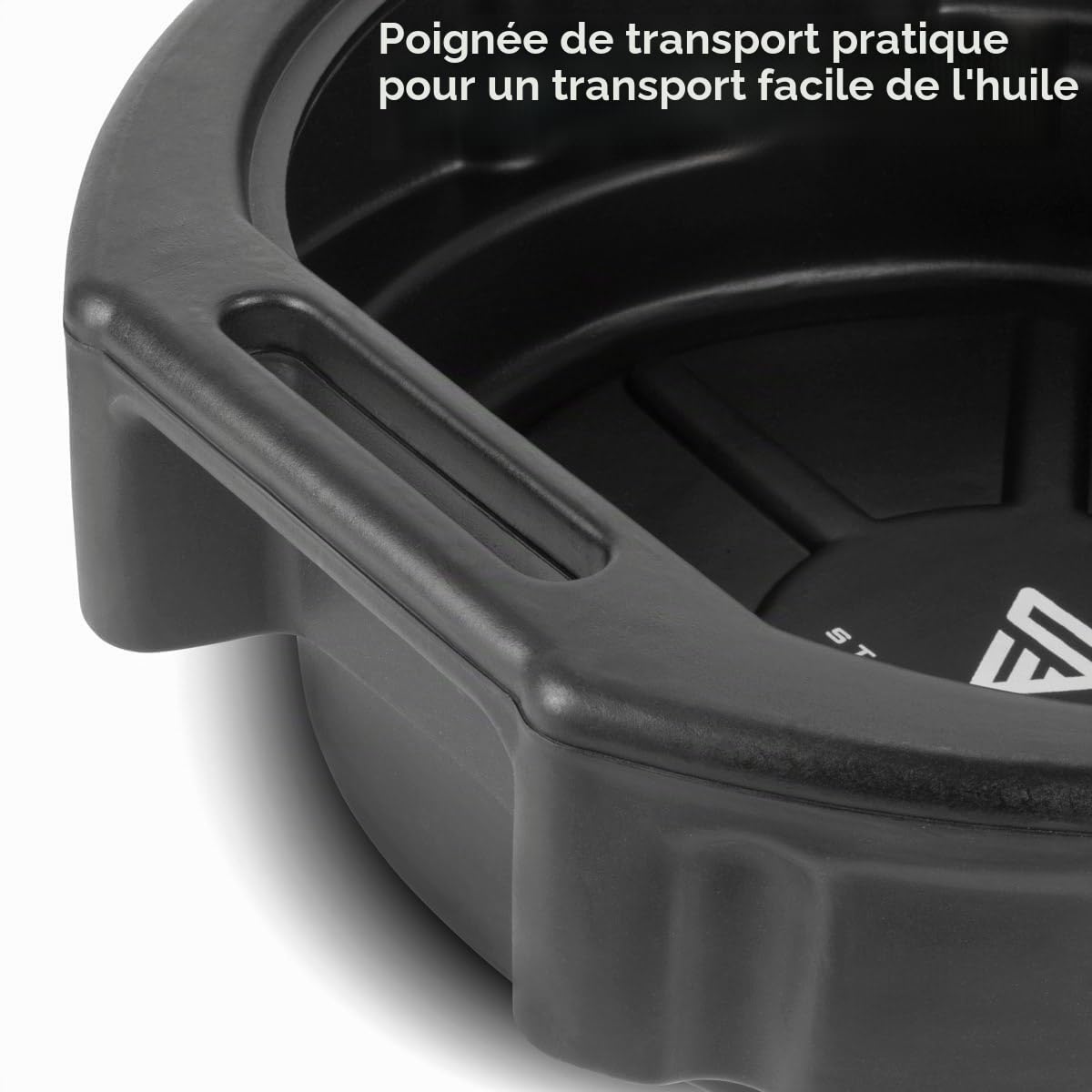 STAHLWERK Récipient à huile avec tuyau de remplissage 10 l | Récipient à huile plat et rond | Bac à huile | Bidon de vidange d'huile | Bac en plastique | Récipient à huile en plastique pour le