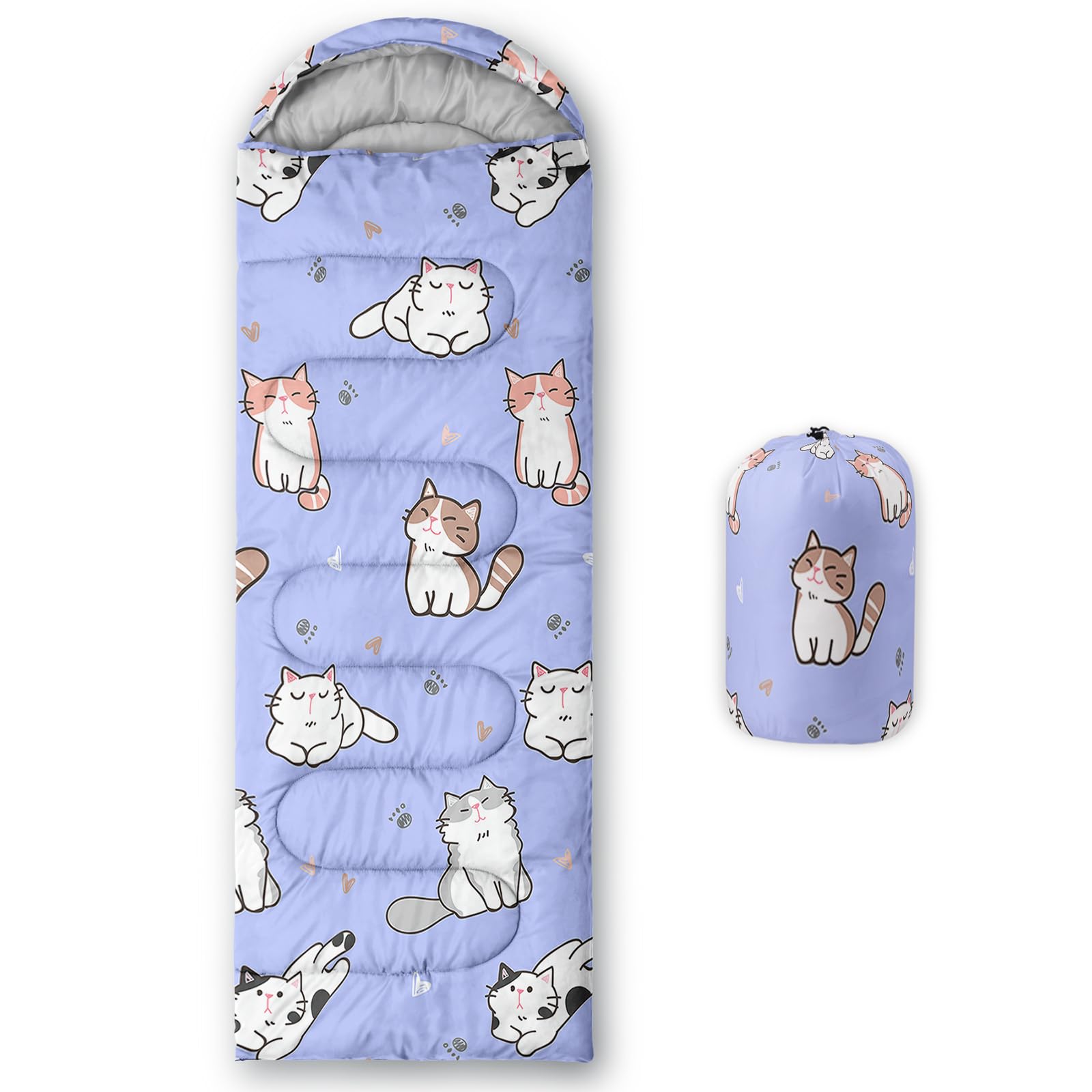 HOSIMA Kids Sleeping Bag for Boys Girls,Cats Print-Lightweight Warm Portable Outdoor Indoor-Waterproof Cold Weather Resistant Sleeping Bag for Camping Hiking(Cats-c)