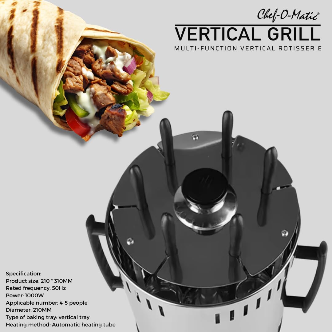 Vertical Gril, Rôtissoire verticalee, 1000w, capacité pour 6 brochettes. Rotation automatique à 360º, facile à nettoyer, Barbecue, Four électrique, brochettes, Kebab