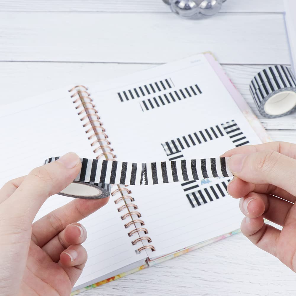 MEI YI TIAN Juego de 3 cintas washi de rayas negras para etiquetado de papel decorativo para manualidades, planificadores, manualidades, caja de regalo, cinta adhesiva