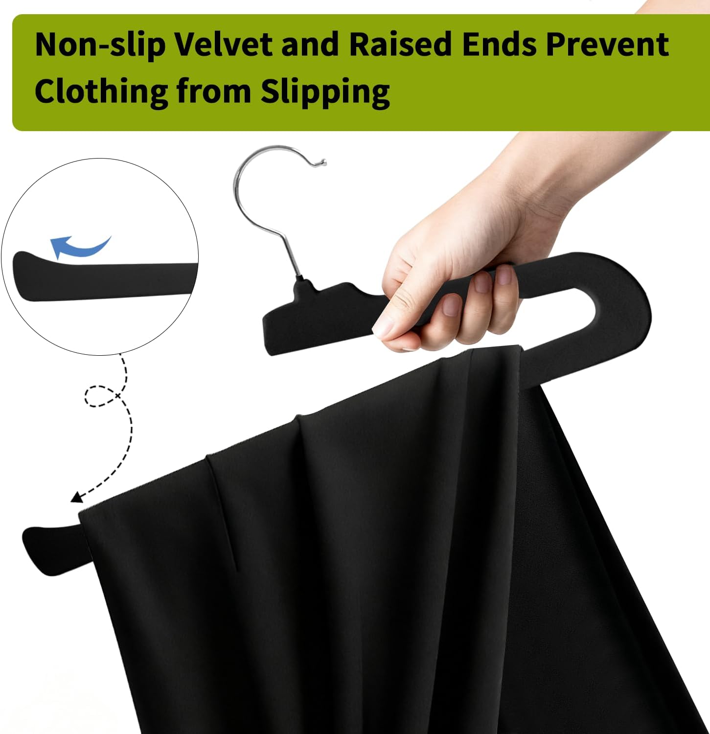 ManGotree Non Slip Velvet Pants Hangers, Open Ended Felt Jean Hangers for Closet Organizer, Heavy Duty Space Saving for Trousers, Slacks, Shorts, Dress, Scarf (20 Pack, Black)