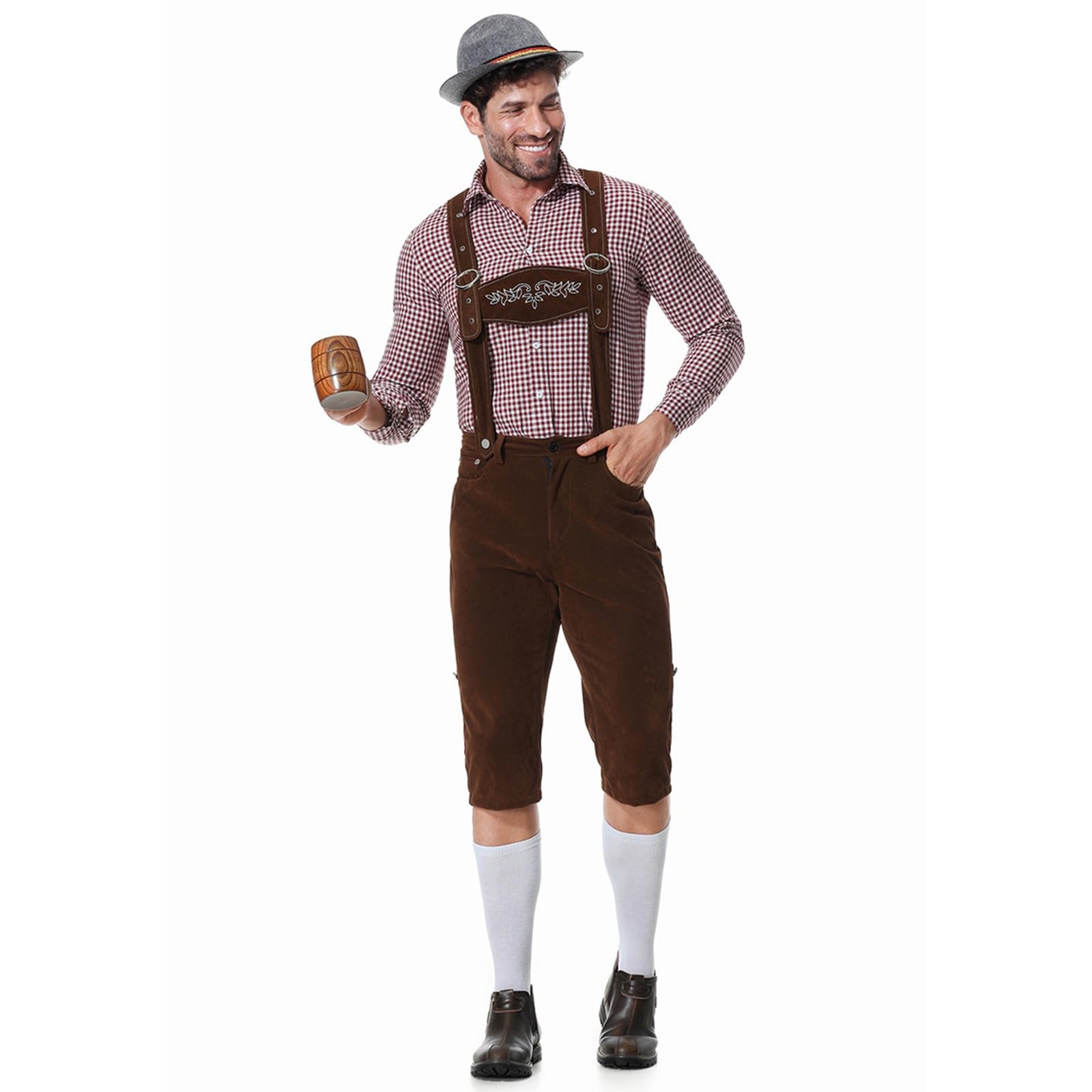 Lederhose Herren Kurz,Lederhosen Tracht Herren Oktoberfest Outfit Mit LäTzchenträGer Kariertes Hemden Und Bayerischen FilzhüTe Dunkelbraun Trachtenhose Pflegeleicht Trachtenlederhosen