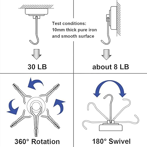 Miniatura 4 de E BAVITE Ganchos magnéticos giratorios negros, ganchos magnéticos de neodimio fuertes de 30 libras con revestimiento epoxi negro para refrigerador,