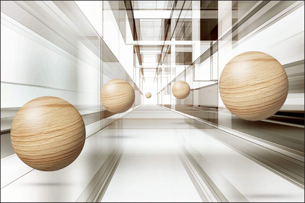 Muralo Carta da Parati 3D, Tunnel, Sfere, Effetto Legno - 210x315 cm | Fotomurale fotografico ad alta definizione, disponibile in tessuto non tessuto o autoadesivo, posa facile, arredo moderno