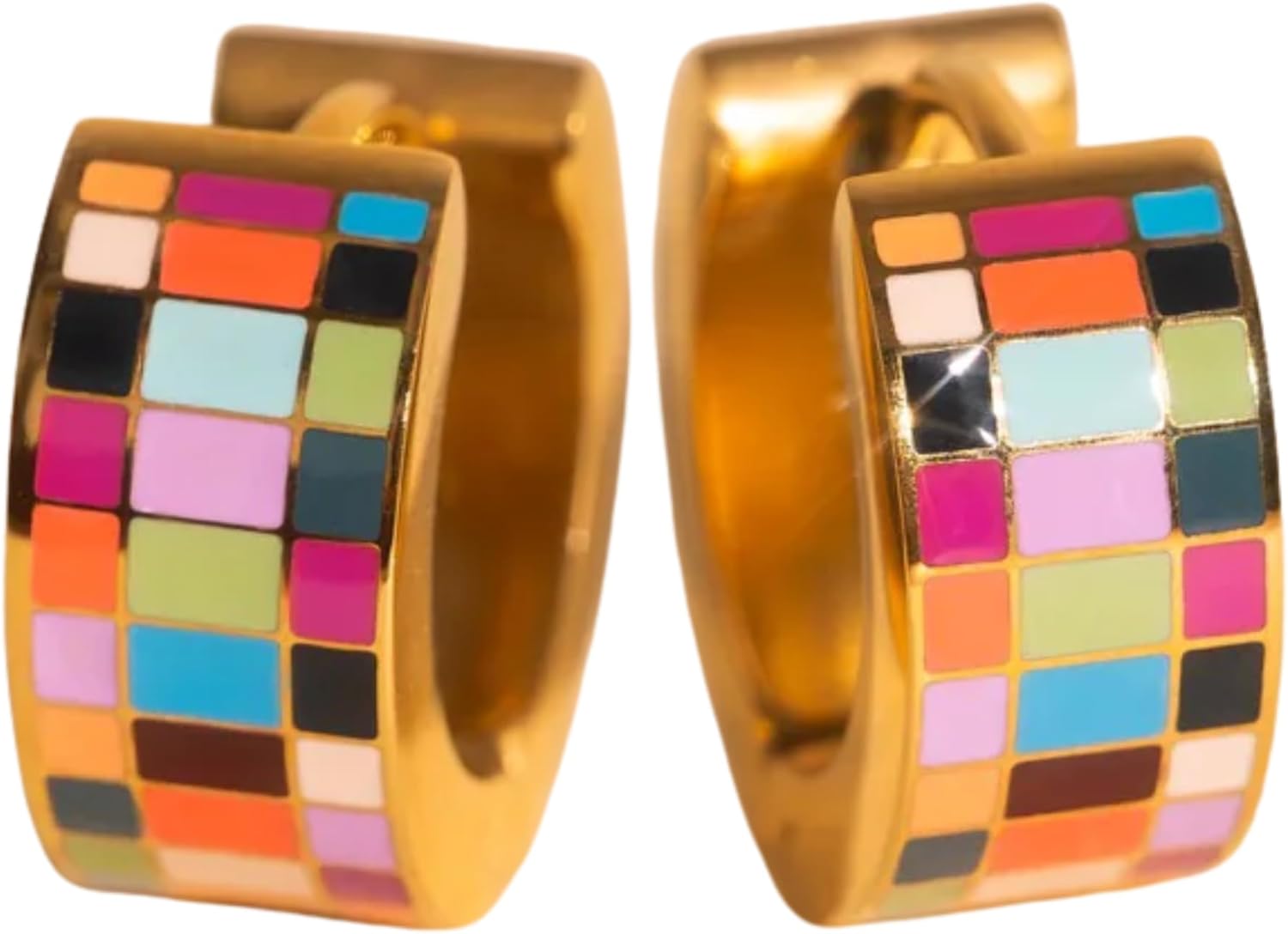Oh Clementine Super Chunky Checkered Huggie Hoop Adjustable Clasp Earrings for Women - 316L Stainless Steel with18k PVD Gold Coating