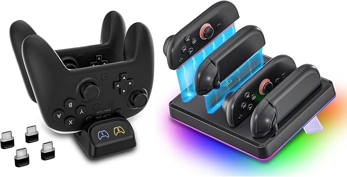 HEATFUN Switch 2 Controller Charging Dock Combo Dual Charger for Switch 2 Pro & 4-Port Joy-Con 2 Magnetic Fast-Charging Station LED Indicators, Type-C Adapter, RGB Lights & Wall Mount
