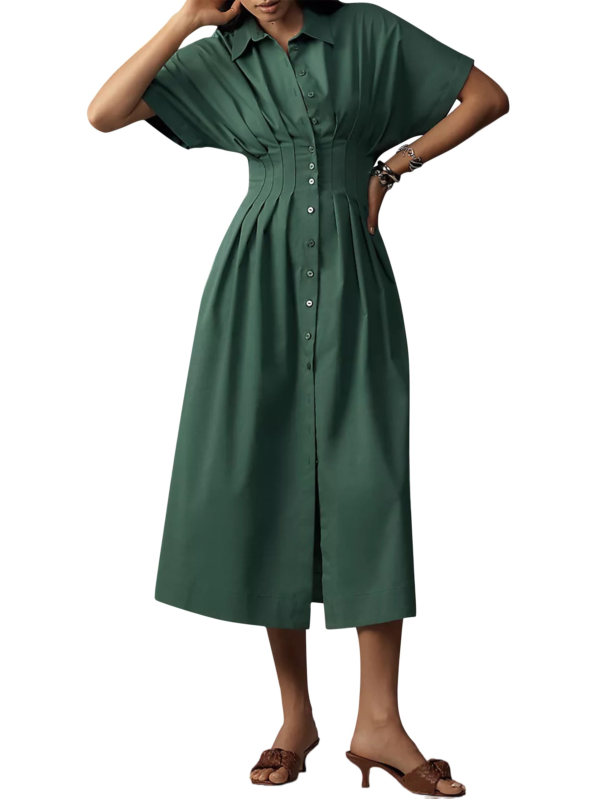 Women Striped Button Down Shirt Maxi Dresses Summer Pleated Short Sleeve Collar Casual Corset Long Dress