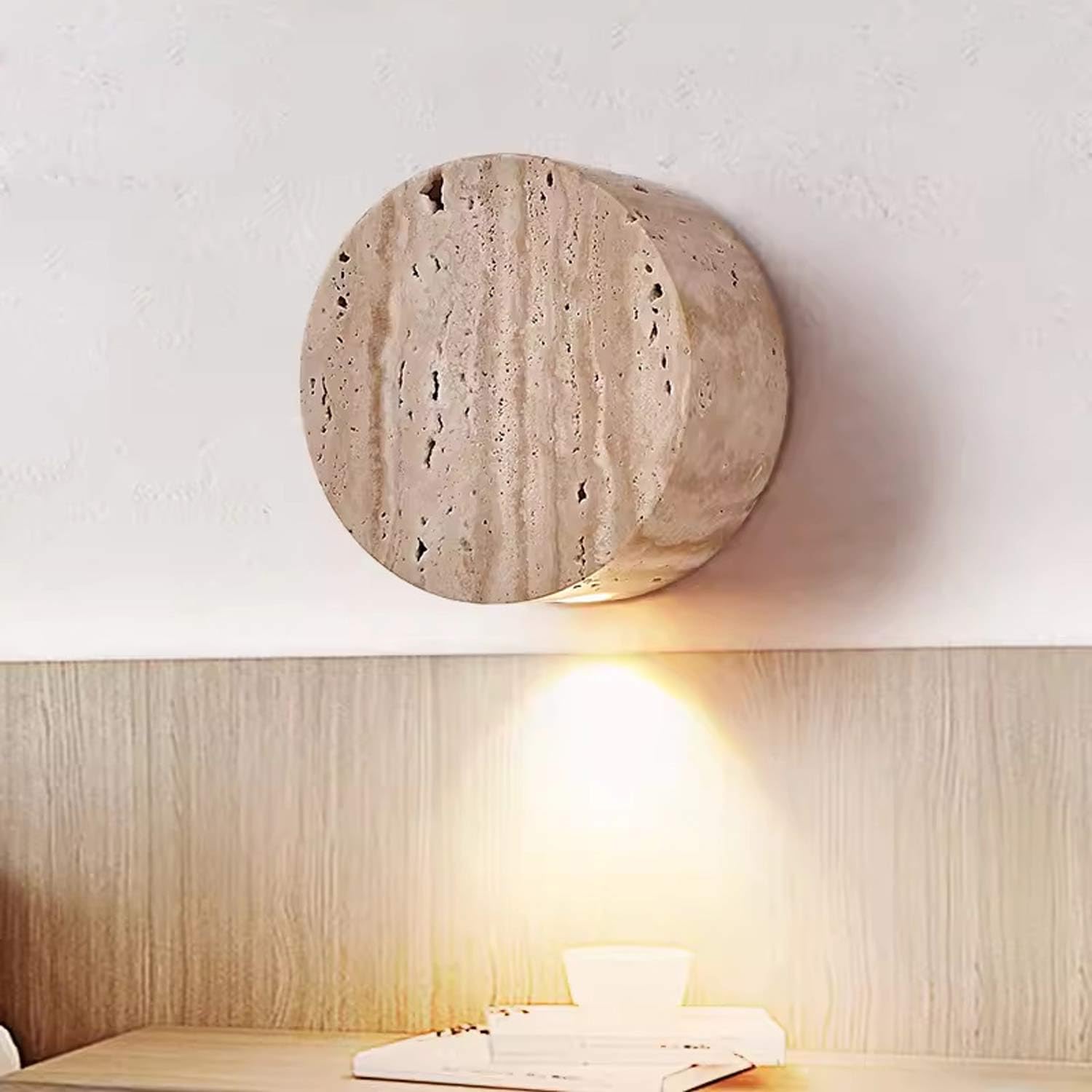 USMJQVZ Yellow Travertine Wall Light Fixture Natural Retro Stone Wall Sconces Japanese Style Round Wabi Sabi Light Fixture For Bedside Bedroom Living Room Kitchen Island