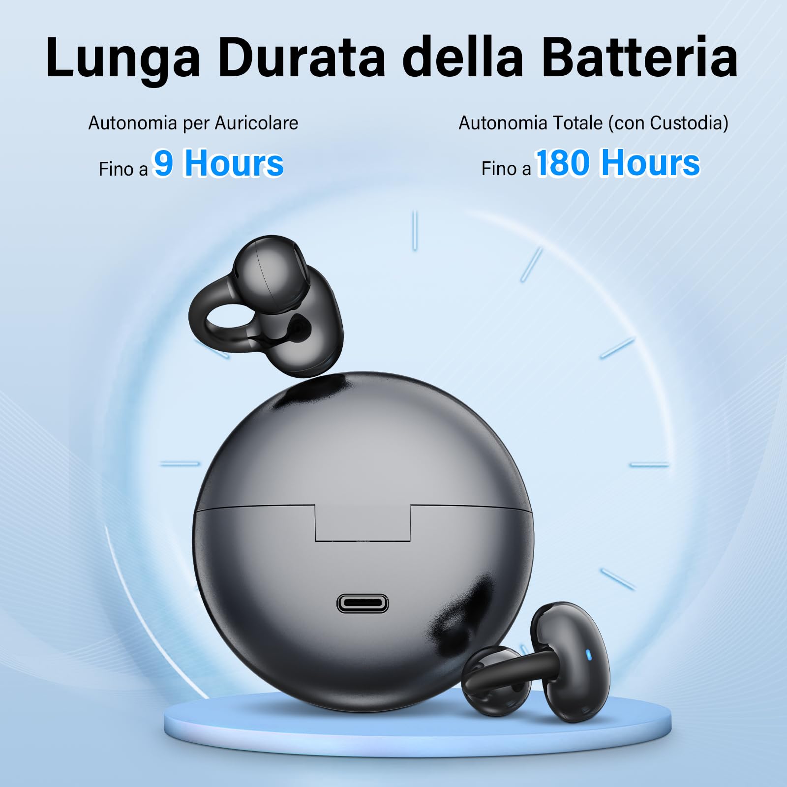 Cuffie sportive a conduzione ossea,design innovativo con clip auricolare per corsa e fitnes,durata della batteria di 180 ore,vestibilità sicura, resistenti all'acqua e alla polvere(Nero)