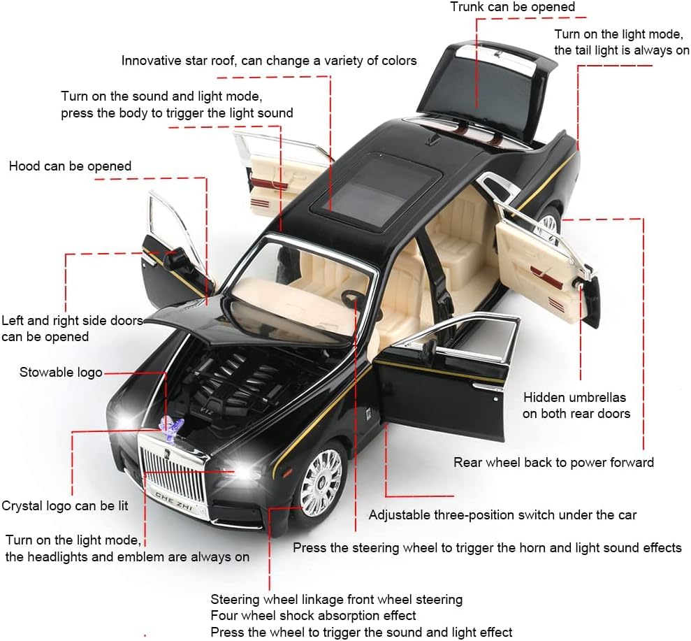 Image of DEOXY 1:24 Scale Diecast Alloy Pullback Rolls Royce Phantom Metal Car Toy With 6 Openable Doors, Lights, And Sounds For Kids,Black