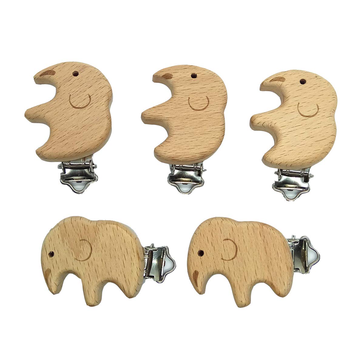 20pcs Natural Wood Suspender Pacifier Clips Cute Beech Wooden Animal Elephant Shape Clips DIY Beading Pacifier Chain Accessory